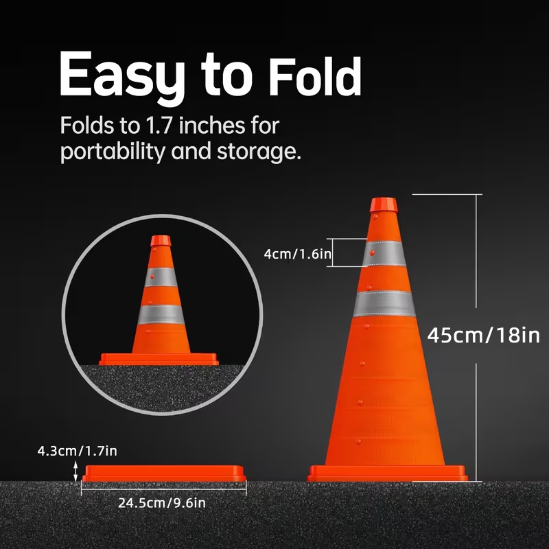 Road Traffic Cone - กรวยจราจรแบบพับได้ขนาด 45 ซม. พร้อมถุงเก็บ กรวยสะท้อนแสงสำหรับจัดการพื้นที่จอดรถ งานก่อสร้าง