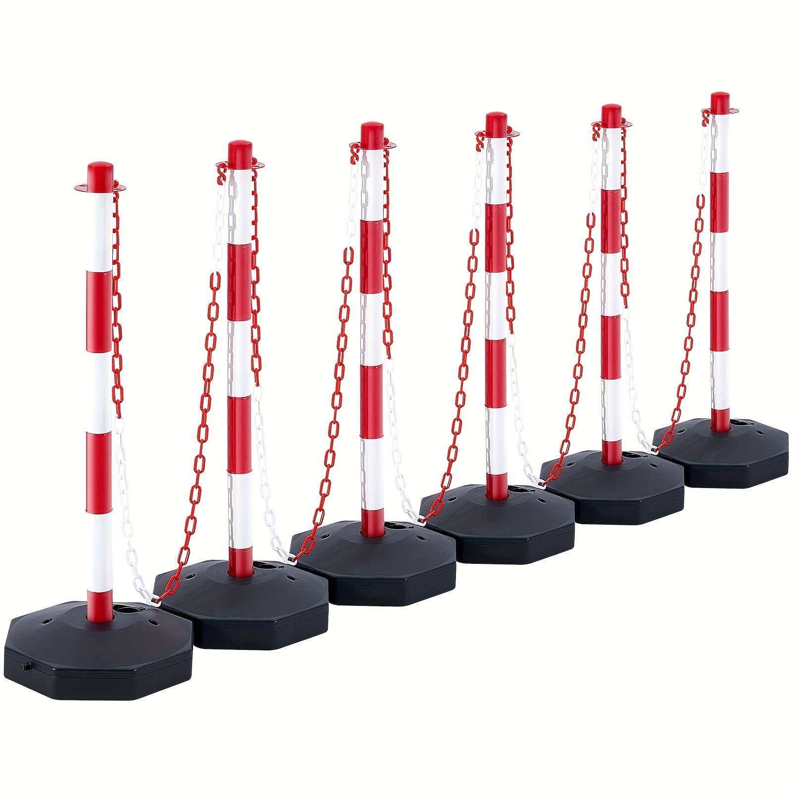 Road Traffic Cone - กรวยเตือนจราจร 6 ชิ้น, แผงกั้นความปลอดภัยสีแดงและสีขาว, พร้อมฐานเติมได้, โซ่ยาว