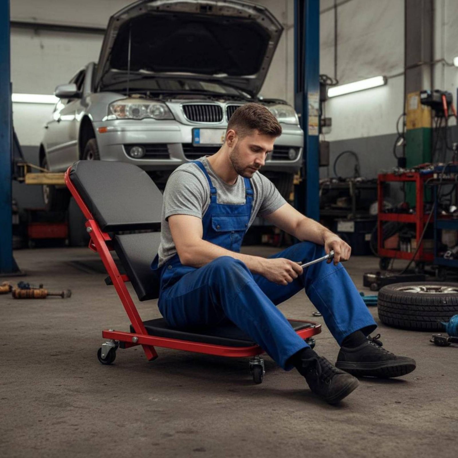 เก้าอี้ช่างแบบพับได้ 2-in-1 ปร - Heavy Equipment Garage บทวิจารณ์และราคา